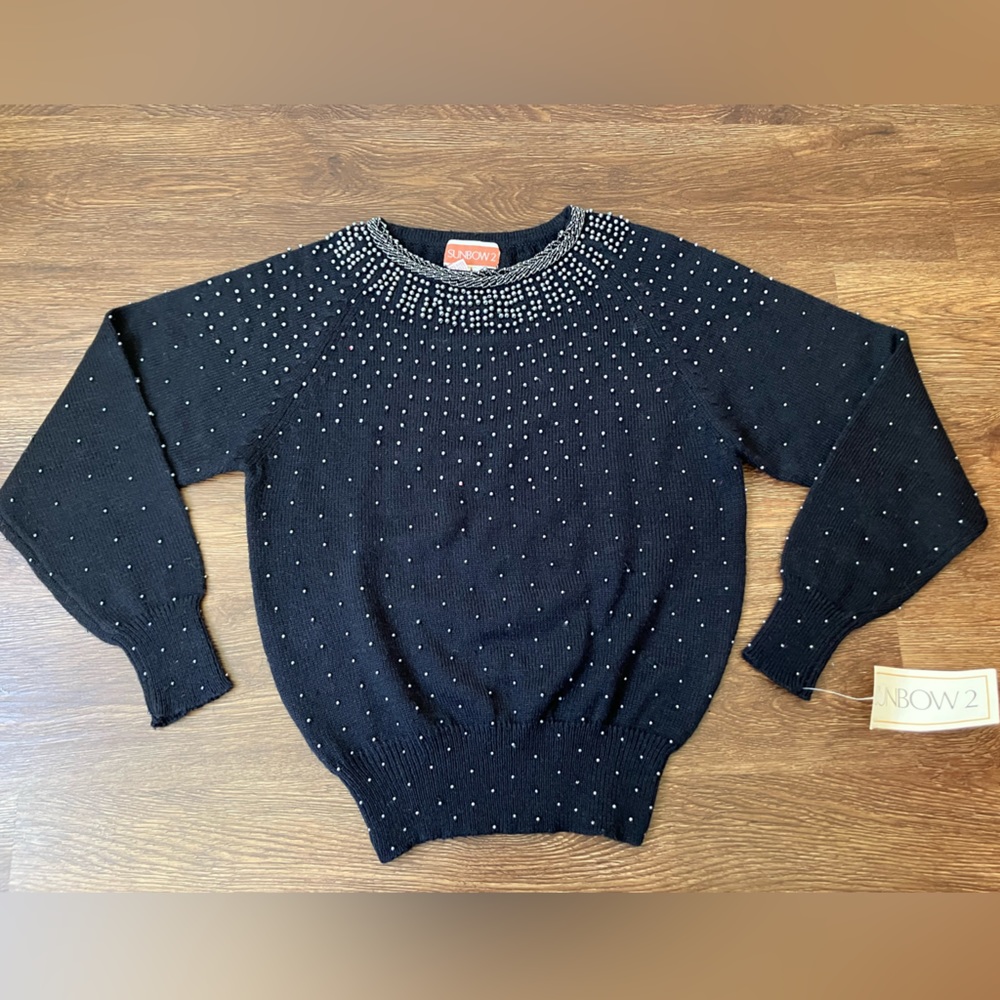 Vintage '80s Beaded Studded Black Sweater Silver Beads Sunbow 2 S/M NEW